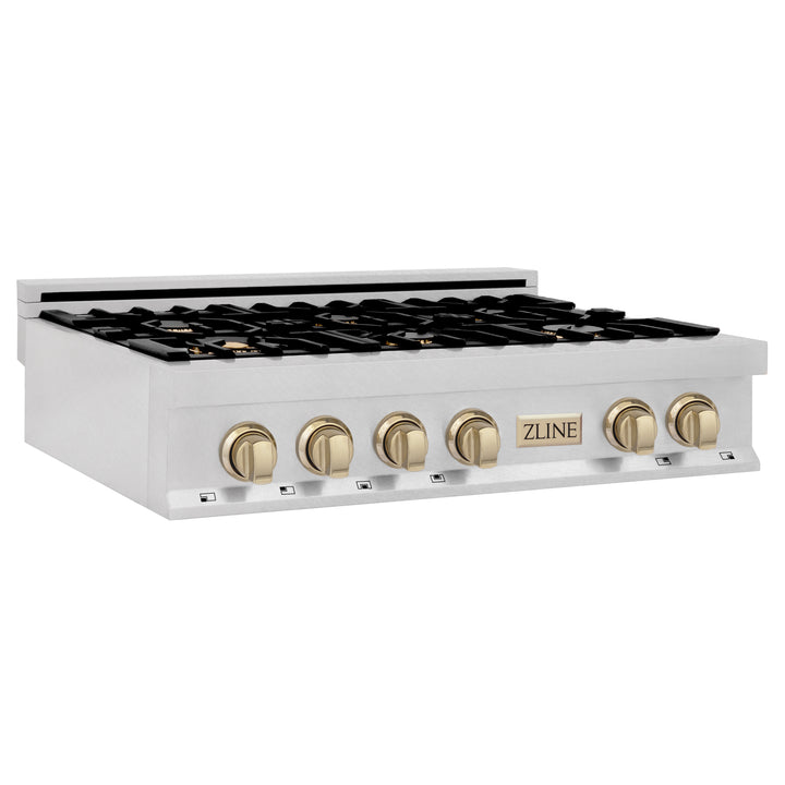 ZLINE Autograph Edition 36" Porcelain Rangetop with 6 Gas Burners in DuraSnow® Stainless Steel with Accents (RTSZ-36)