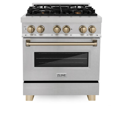 ZLINE Autograph Edition 30" 4.0 cu. ft. Dual Fuel Range with Gas Stove and Electric Oven in DuraSnow® Stainless Steel with Accents (RASZ-SN-30)