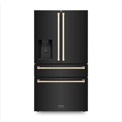 ZLINE 36" Autograph Edition 21.6 cu. ft Freestanding French Door Refrigerator with Water and Ice Dispenser in Fingerprint Resistant Black Stainless Steel with Accents (RFMZ-W-36-BS-CB)