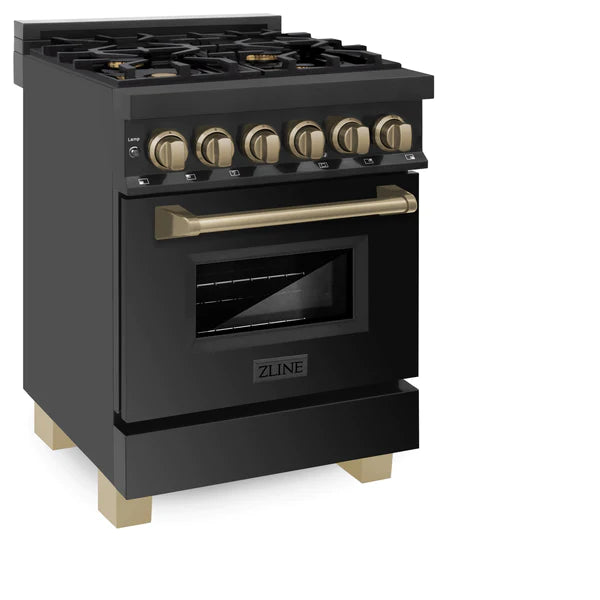 ZLINE Autograph Edition 24" 2.8 cu. ft. Dual Fuel Range with Gas Stove and Electric Oven in Black Stainless Steel with Gold Accents (RABZ-24)