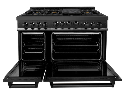 ZLINE Appliance Package - 48 in. Gas Range, Range Hood, Microwave Oven in Black, 3KP-RGBRH48-MO