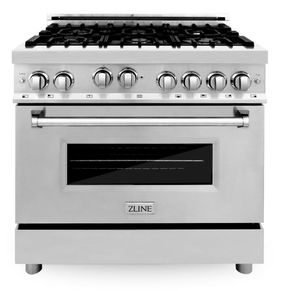 ZLINE 36" Kitchen Package with Stainless Steel Gas Range, Range Hood, Microwave Drawer and Dishwasher