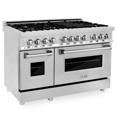 ZLINE 48" Kitchen Package with Stainless Steel Dual Fuel Range, Range Hood, Microwave Drawer and Tall Tub Dishwasher