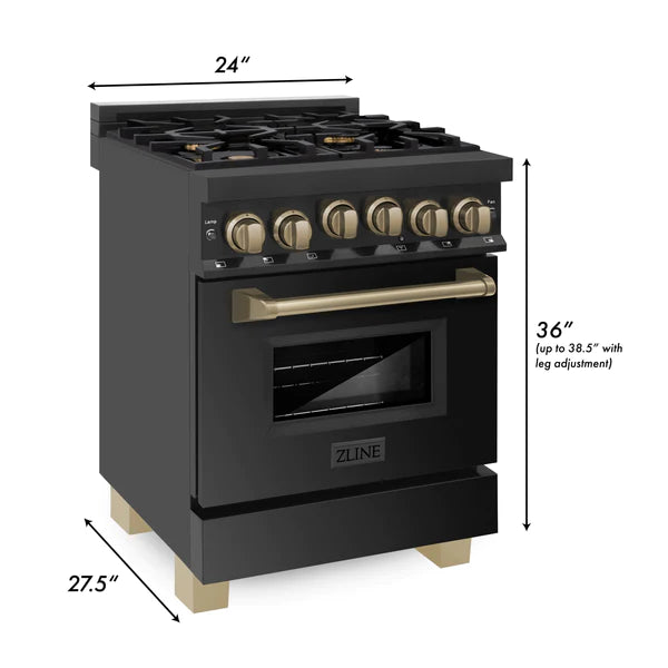 ZLINE Autograph Edition 24" 2.8 cu. ft. Range with Gas Stove and Gas Oven in Black Stainless Steel with Accents (RGBZ-24)