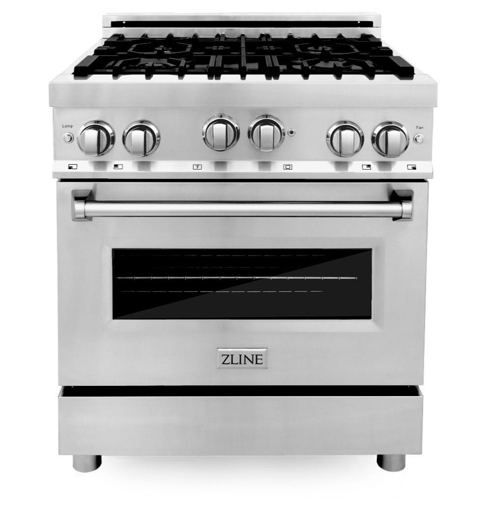 ZLINE 30" Kitchen Package with Stainless Steel Gas Range, Range Hood, Microwave Drawer and Tall Tub Dishwasher