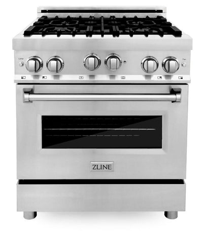 ZLINE Kitchen Package with Stainless Steel Refrigeration, 30" Gas Range and Traditional Over the Range Microwave