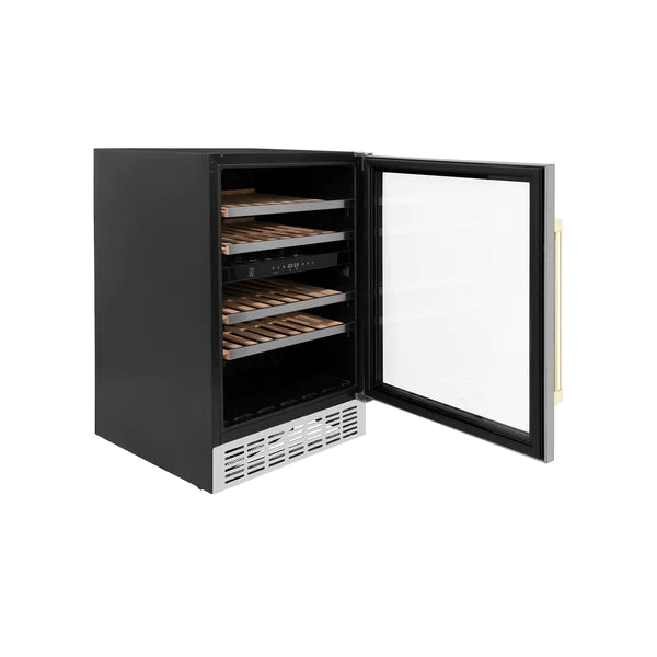 ZLINE 24" Autograph Edition Dual Zone 44-Bottle Wine Cooler in Stainless Steel with Wood Shelf and Accents (RWVZ-UD-24)