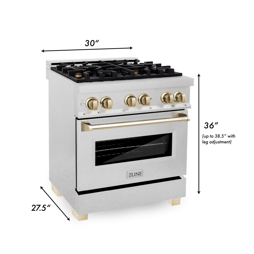 ZLINE Autograph Edition 30" 4.0 cu. ft. Dual Fuel Range with Gas Stove and Electric Oven in DuraSnow® Stainless Steel with Accents (RASZ-SN-30)