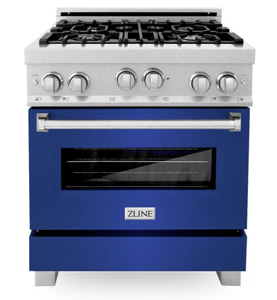 ZLINE 30" Kitchen Package with DuraSnow® Stainless Steel Gas Range with Blue Matte Door and Convertible Vent Range Hood