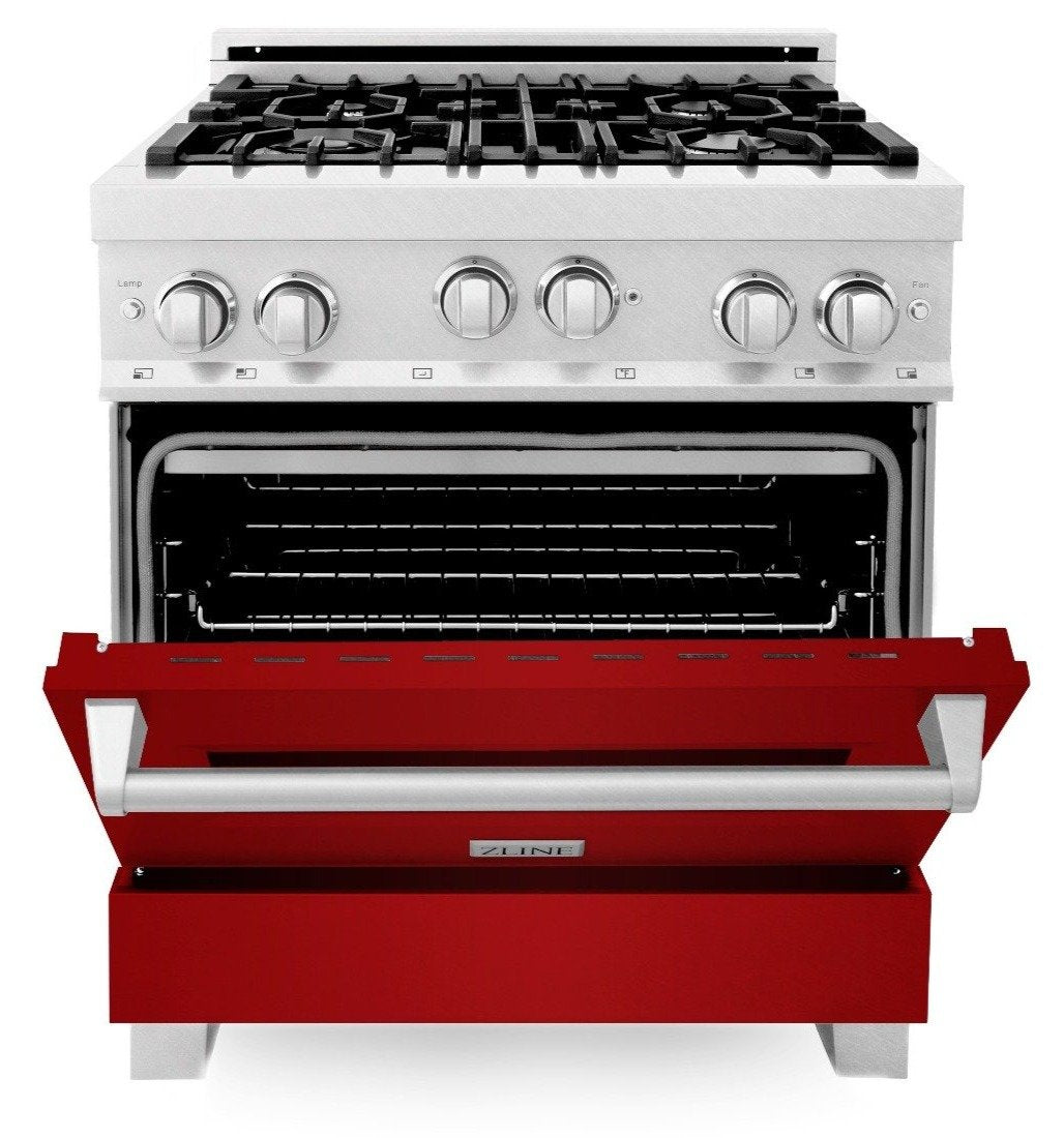 ZLINE 30" Kitchen Package with DuraSnow® Stainless Steel Gas Range with Red Gloss Door and Convertible Vent Range Hood