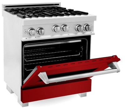 ZLINE 30" Kitchen Package with DuraSnow® Stainless Steel Gas Range with Red Gloss Door and Convertible Vent Range Hood