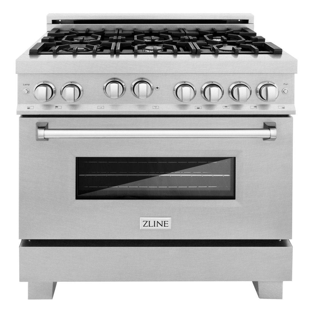 ZLINE 36" Kitchen Package with DuraSnow® Stainless Steel Gas Range, Ducted Range Hood and Dishwasher