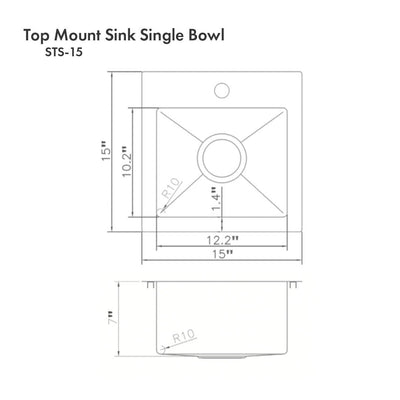 ZLINE Kitchen and Bath, ZLINE 15" Pro Series Topmount Single Bowl Bar Sink (STS), STS-15,