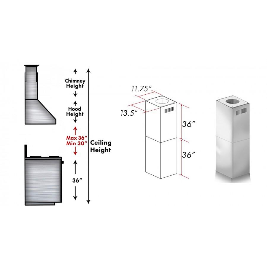 ZLINE Kitchen and Bath, ZLINE 2-36" Chimney Extensions for 10 ft. to 12 ft. Ceilings (2PCEXT-667/697-304), 2PCEXT-667/697-304,