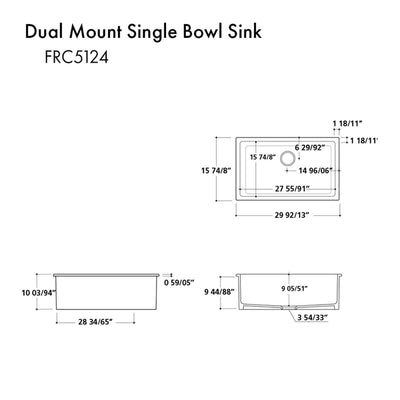 ZLINE 30" Rome Dual Mount Single Bowl Fireclay Kitchen Sink with Bottom Grid (FRC5124)