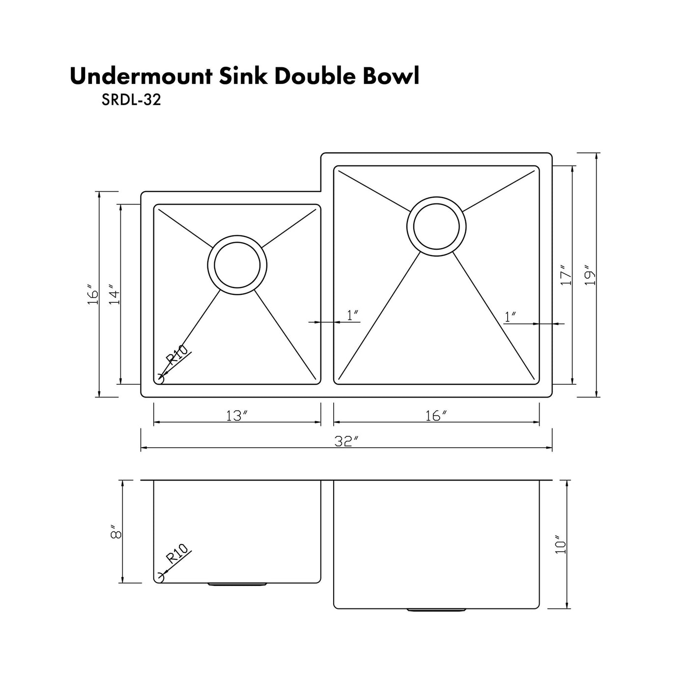 ZLINE Kitchen and Bath, ZLINE 32" Jackson Undermount Double Bowl Sink (SRDL), SRDL-32,