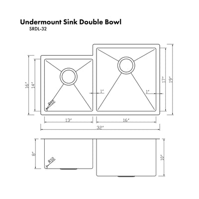 ZLINE Kitchen and Bath, ZLINE 32" Jackson Undermount Double Bowl Sink (SRDL), SRDL-32,