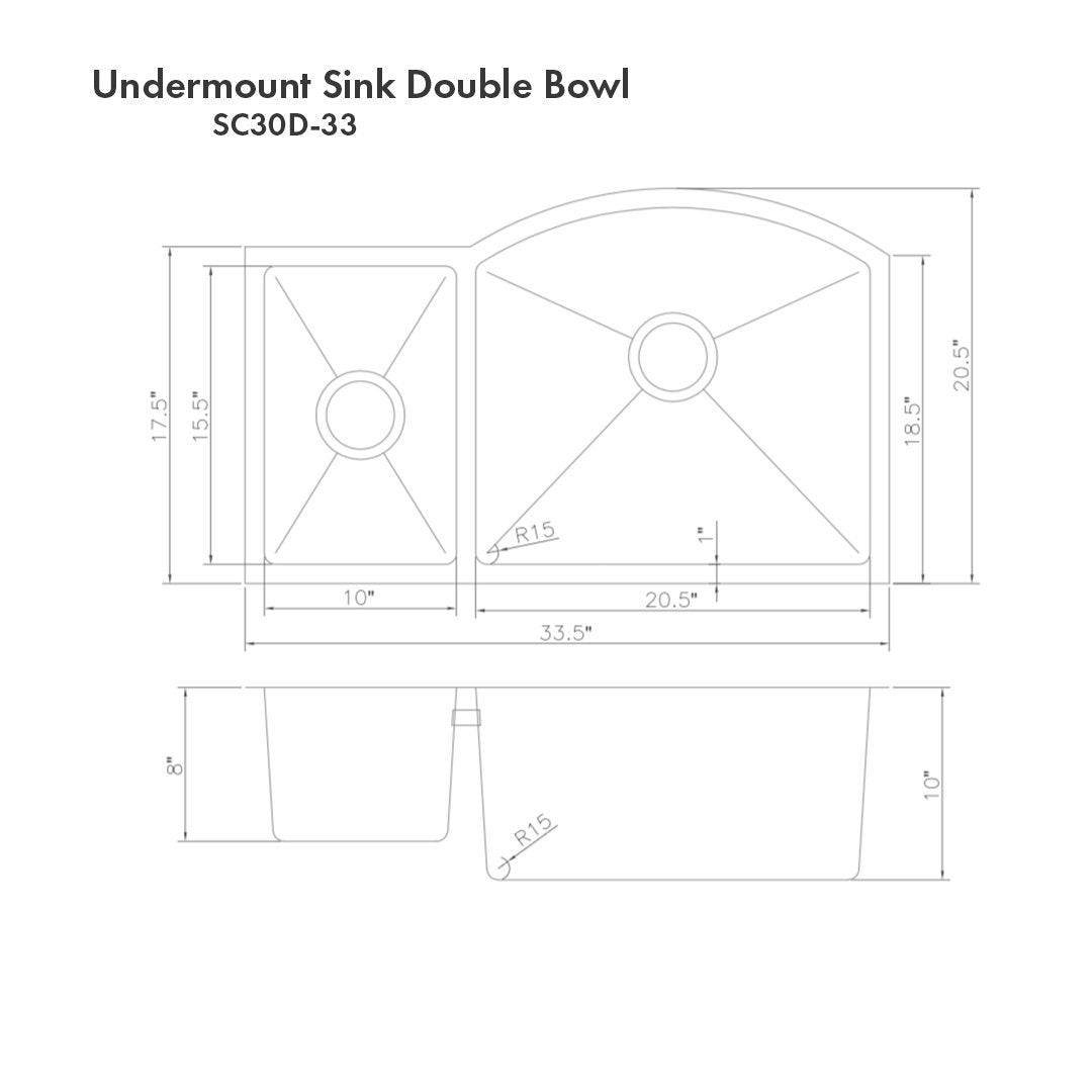 ZLINE Kitchen and Bath, ZLINE 33" Gateway Series Undermount Double Bowl Sink (SC30D-33), SC30D-33,