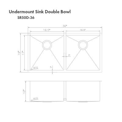 ZLINE Kitchen and Bath, ZLINE 36" Executive Series Undermount Double Bowls Sink (SR50D), SR50D-36,