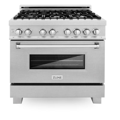 ZLINE Kitchen and Bath, ZLINE 36" Professional Dual Fuel Range in DuraSnow® Stainless Steel with Color Door Finishes, RAS-SN-36, ZLINE 36 in. Professional Dual Fuel Stainless  | Rustic Kitchen and Bath
