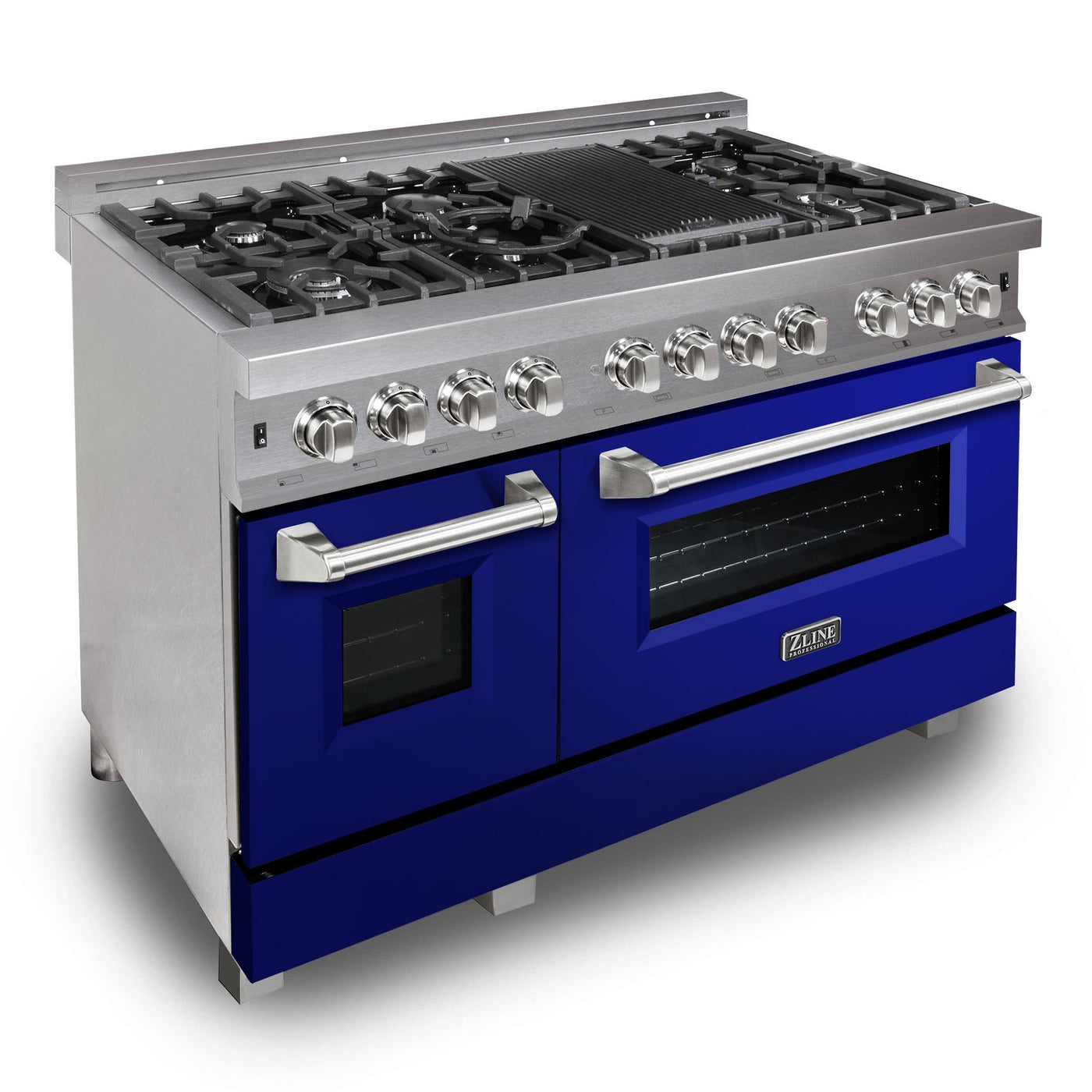 ZLINE Kitchen and Bath, ZLINE 48" DuraSnow® Stainless Steel 6.0 cu.ft. 7 Gas Burner/Electric Oven Range with Color Door Options, RAS-BG-48,