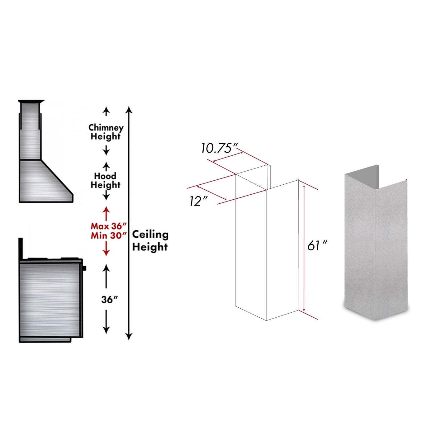 ZLINE Kitchen and Bath, ZLINE 61" DuraSnow® Stainless Steel Chimney Extension for Ceilings up to 12.5 ft. (8KL3iS-E), 8KL3iS-E,