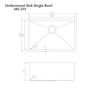 ZLINE 27" Meribel Undermount Single Bowl DuraSnow® Stainless Steel Kitchen Sink with Bottom Grid (SRS-27S)