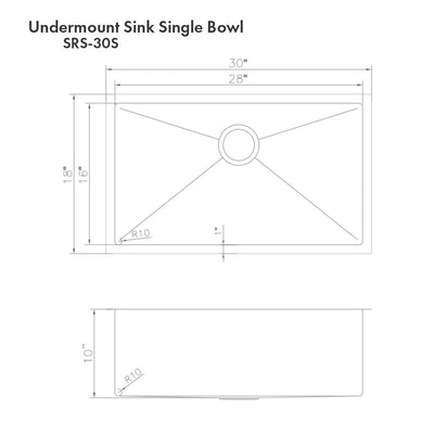 ZLINE 30" Meribel Undermount Single Bowl DuraSnow® Stainless Steel Kitchen Sink with Bottom Grid (SRS-30S)