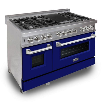 ZLINE 48" Kitchen Package with DuraSnow® Stainless Steel Dual Fuel Range with Blue Matte Door and Convertible Vent Range Hood