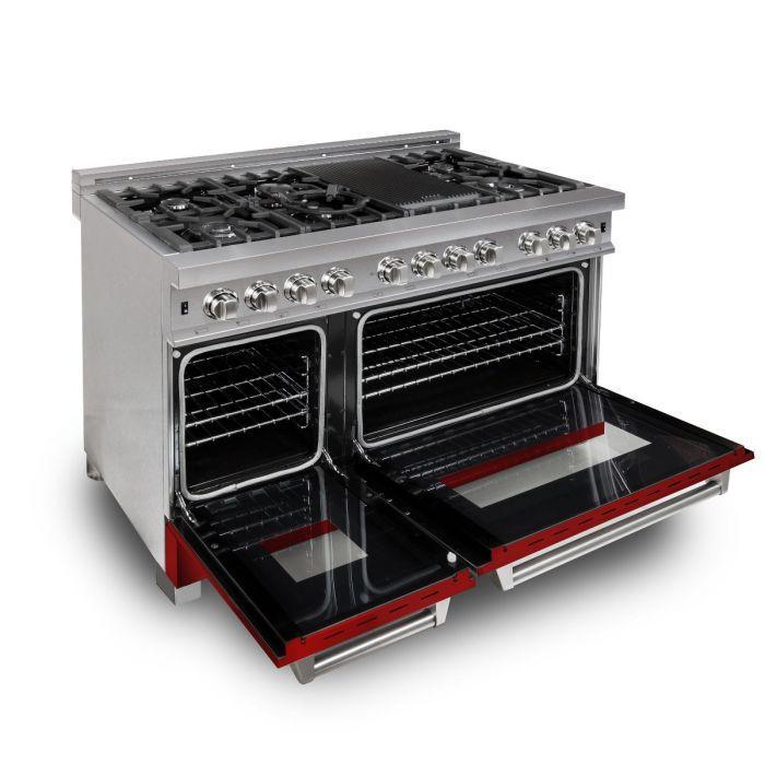 ZLINE 48" Kitchen Package with DuraSnow® Stainless Steel Dual Fuel Range with Red Gloss Door and Convertible Vent Range Hood