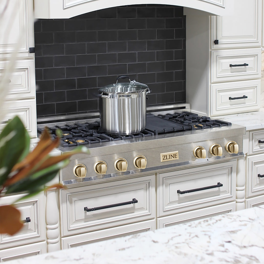 ZLINE Autograph Edition 48" Porcelain Rangetop with 7 Gas Burners in DuraSnow® Stainless Steel with Accents (RTSZ-48)