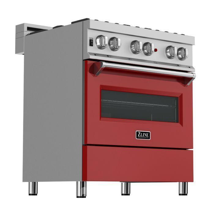 ZLINE 30" Kitchen Package with DuraSnow® Stainless Steel Dual Fuel Range with Red Matte Door and Convertible Vent Range Hood
