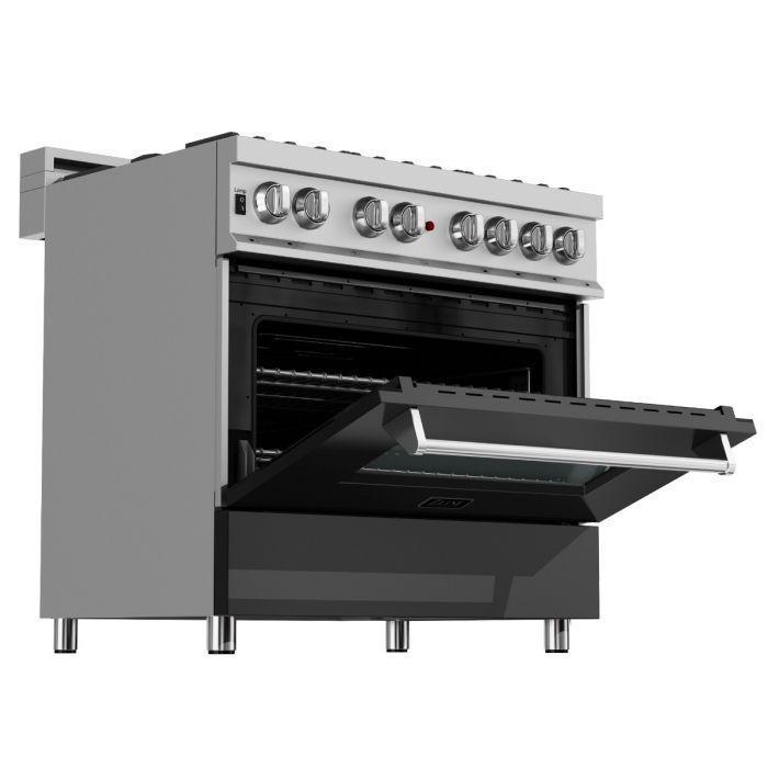 ZLINE 36" Kitchen Package with DuraSnow® Stainless Steel Dual Fuel Range with Black Matte Door and Convertible Vent Range Hood